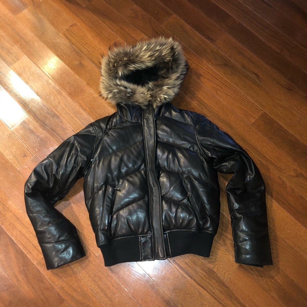 Black leather bomber jacket with fur/